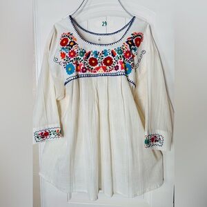 Hand Embroidered Women’s Mexican Blouse Cream Color Size L